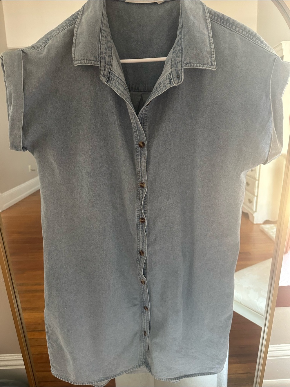 Light Blue Denim Short-Sleeve Dress - Casual Button-Up